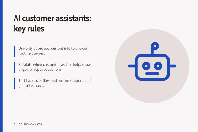 AI customer assistants: key rules: Use only approved, current info to answer routine queries.; Escalate when customers ask for help, show anger, or repeat questions.; Test handover flow and ensure support staff get full context. AI customer-facing assistants