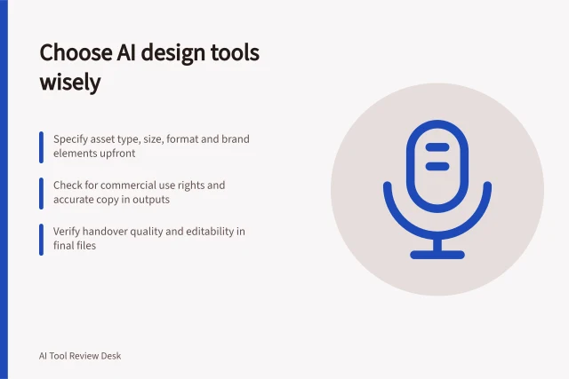 Choose AI design tools wisely: Specify asset type, size, format and brand elements upfront; Check for commercial use rights and accurate copy in outputs; Verify handover quality and editability in final files. AI image and design tools