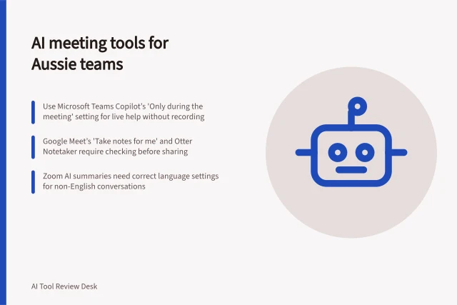 AI meeting tools for Aussie teams: Use Microsoft Teams Copilot’s 'Only during the meeting' setting for live help without recording; Google Meet’s 'Take notes for me' and Otter Notetaker require checking before sharing; Zoom AI summaries need correct language settings for non-English conversations. AI meeting tools