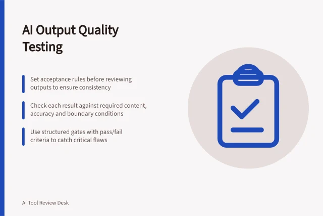 AI Output Quality Testing: Set acceptance rules before reviewing outputs to ensure consistency; Check each result against required content, accuracy and boundary conditions; Use structured gates with pass/fail criteria to catch critical flaws. AI output quality testing