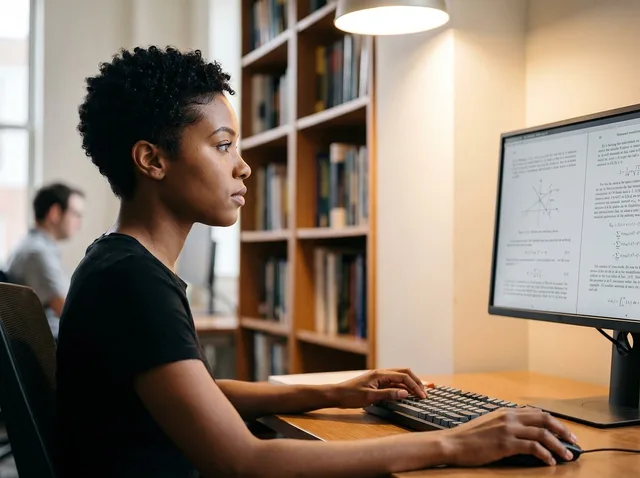 woman, student, library, computer, studying, research, education, focused, working, monitor, typing, office, bookshelf, books, lighting, science, learning, technology, academic, concentration. AI research tools