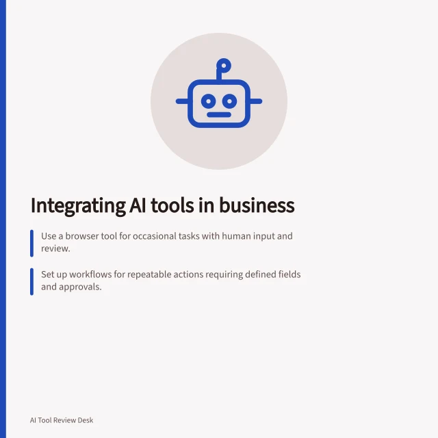 Integrating AI tools in business: Use a browser tool for occasional tasks with human input and review.; Set up workflows for repeatable actions requiring defined fields and approvals.; Choose connector types based on data access needs, permissions and system integration limits. AI tool integration