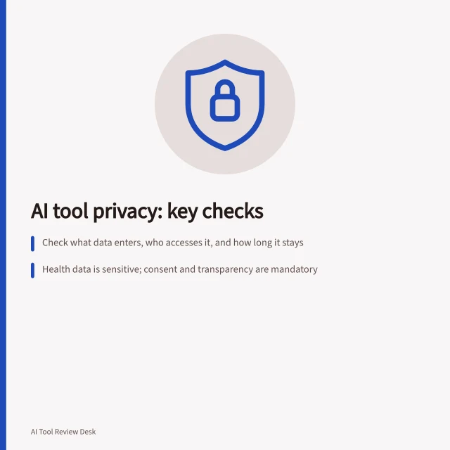 AI tool privacy: key checks: Check what data enters, who accesses it, and how long it stays; Health data is sensitive; consent and transparency are mandatory; Enterprise tools like Microsoft Copilot follow DPA and encryption rules. AI tool privacy and data handling