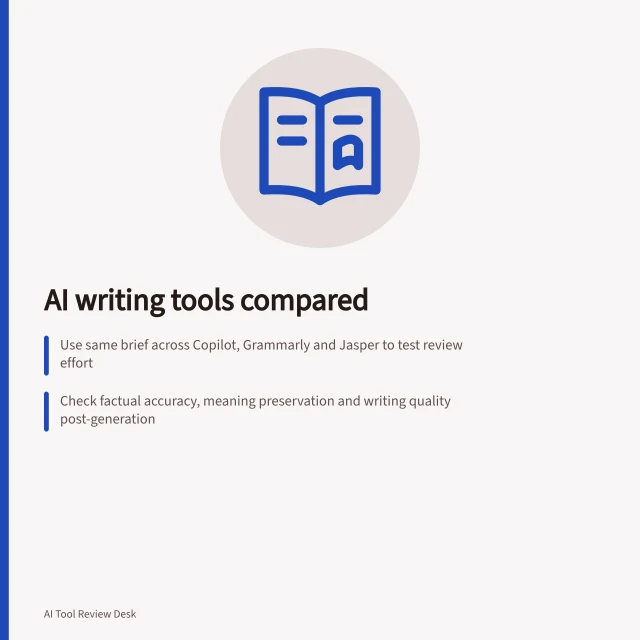 AI writing tools compared: Use same brief across Copilot, Grammarly and Jasper to test review effort; Check factual accuracy, meaning preservation and writing quality post-generation; Record time spent on prompting, fact-checking, editing and approval. AI writing tools compared