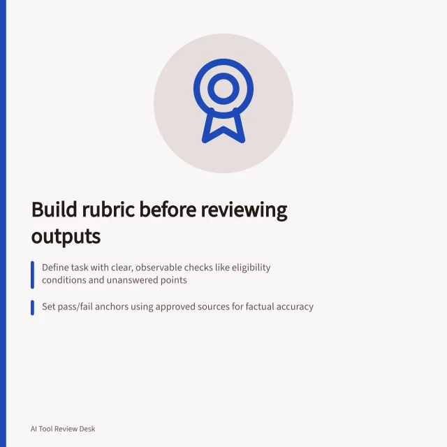 Build rubric before reviewing outputs: Define task with clear, observable checks like eligibility conditions and unanswered points; Set pass/fail anchors using approved sources for factual accuracy; Mark critical criteria as pass/fail; state if one failure rejects the output. Building a rubric before reading competing outputs