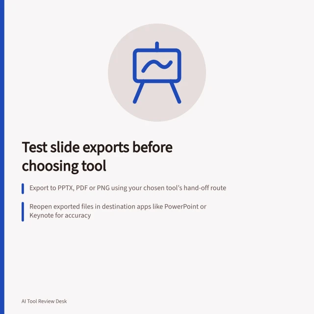 Test slide exports before choosing tool: Export to PPTX, PDF or PNG using your chosen tool’s hand-off route; Reopen exported files in destination apps like PowerPoint or Keynote for accuracy; Use a deck with charts, media and unusual fonts to test quality and file size. Checking export quality before choosing a slide tool