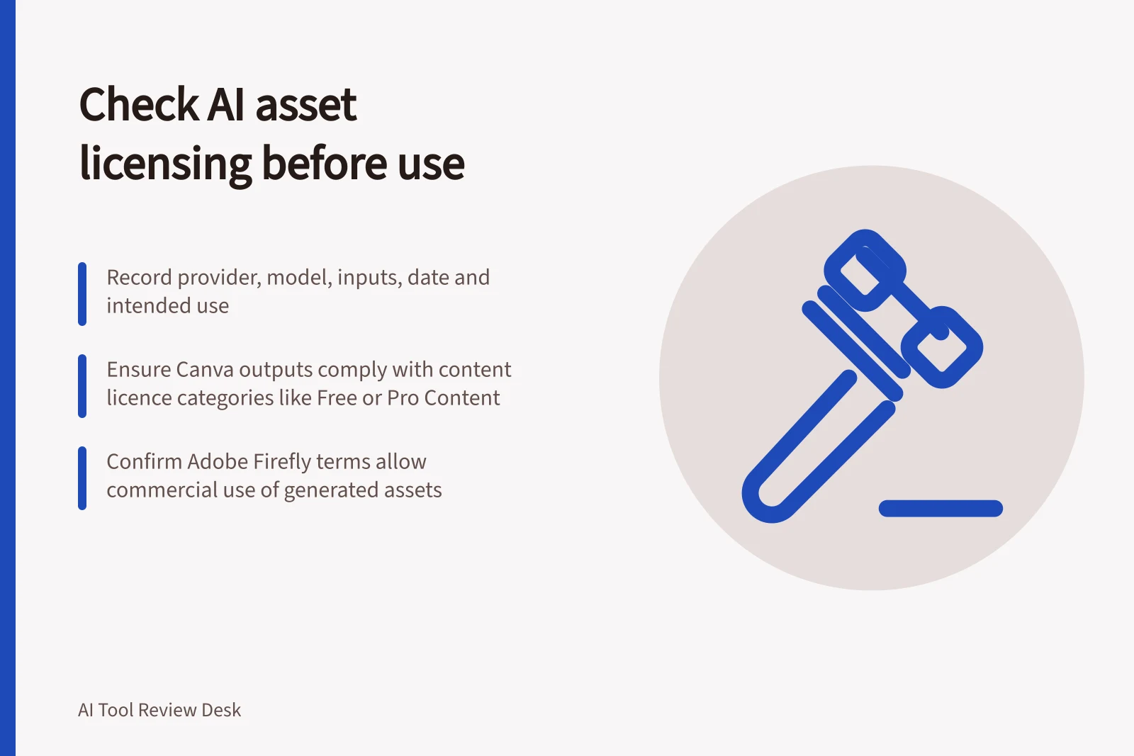 Check AI asset licensing before use: Record provider, model, inputs, date and intended use; Ensure Canva outputs comply with content licence categories like Free or Pro Content; Confirm Adobe Firefly terms allow commercial use of generated assets