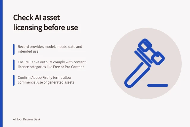Check AI asset licensing before use: Record provider, model, inputs, date and intended use; Ensure Canva outputs comply with content licence categories like Free or Pro Content; Confirm Adobe Firefly terms allow commercial use of generated assets. Checking licensing terms before using generated assets
