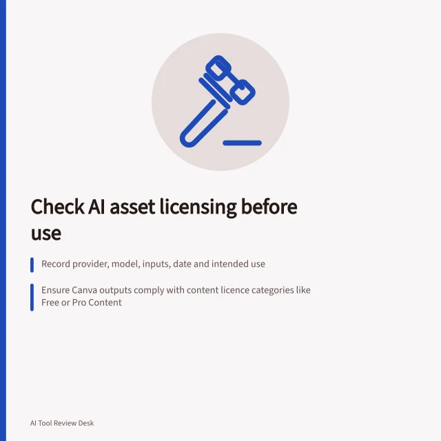 Check AI asset licensing before use: Record provider, model, inputs, date and intended use; Ensure Canva outputs comply with content licence categories like Free or Pro Content; Confirm Adobe Firefly terms allow commercial use of generated assets. Checking licensing terms before using generated assets