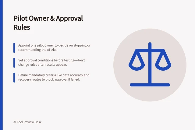 Pilot Owner & Approval Rules: Appoint one pilot owner to decide on stopping or recommending the AI trial.; Set approval conditions before testing—don’t change rules after results appear.; Define mandatory criteria like data accuracy and recovery routes to block approval if failed. Choosing a pilot owner and approval criteria
