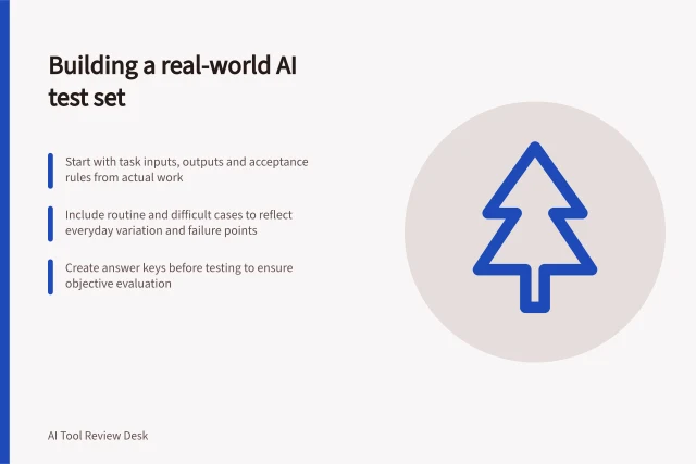 Building a real-world AI test set: Start with task inputs, outputs and acceptance rules from actual work; Include routine and difficult cases to reflect everyday variation and failure points; Create answer keys before testing to ensure objective evaluation. Choosing and documenting an AI tool test set from real work