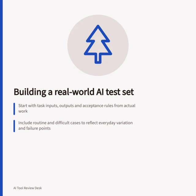 Building a real-world AI test set: Start with task inputs, outputs and acceptance rules from actual work; Include routine and difficult cases to reflect everyday variation and failure points; Create answer keys before testing to ensure objective evaluation. Choosing and documenting an AI tool test set from real work