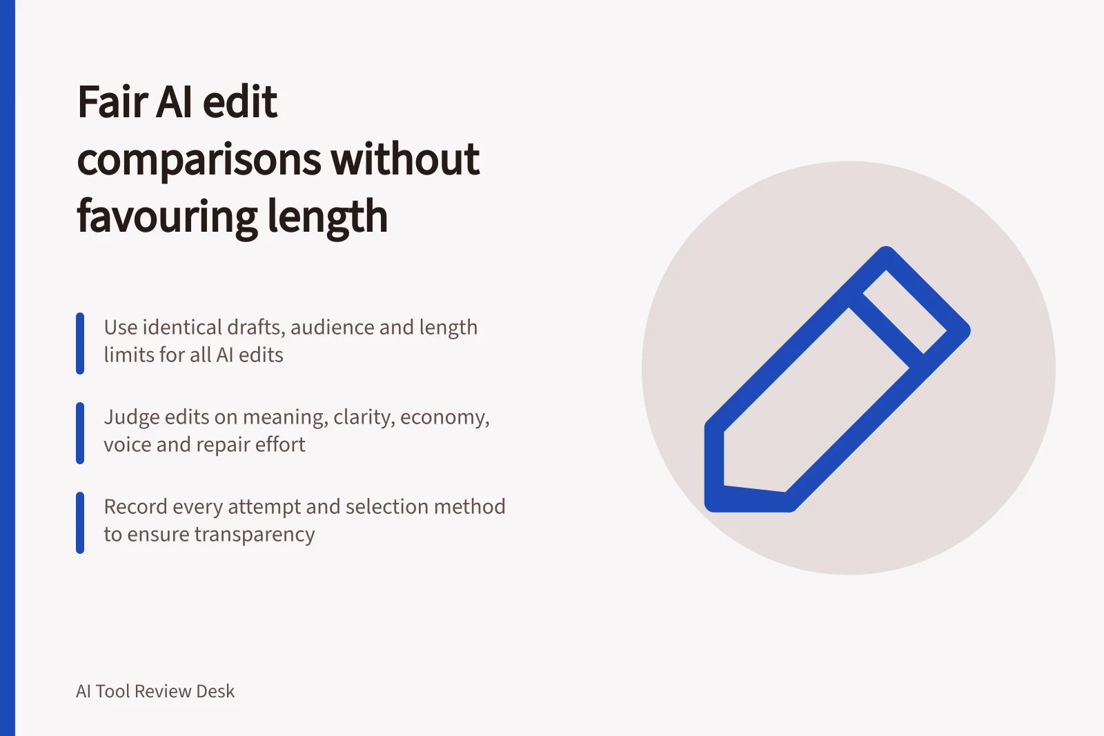 Fair AI edit comparisons without favouring length: Use identical drafts, audience and length limits for all AI edits; Judge edits on meaning, clarity, economy, voice and repair effort; Record every attempt and selection method to ensure transparency