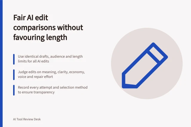 Fair AI edit comparisons without favouring length: Use identical drafts, audience and length limits for all AI edits; Judge edits on meaning, clarity, economy, voice and repair effort; Record every attempt and selection method to ensure transparency. Comparing editing quality without rewarding longer answers