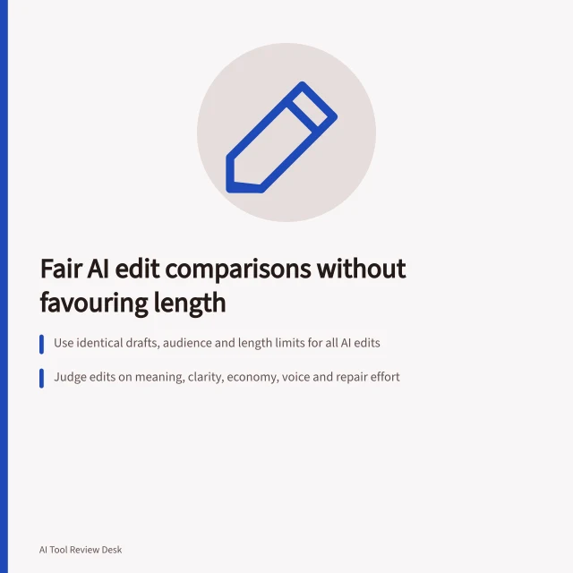 Fair AI edit comparisons without favouring length: Use identical drafts, audience and length limits for all AI edits; Judge edits on meaning, clarity, economy, voice and repair effort; Record every attempt and selection method to ensure transparency. Comparing editing quality without rewarding longer answers