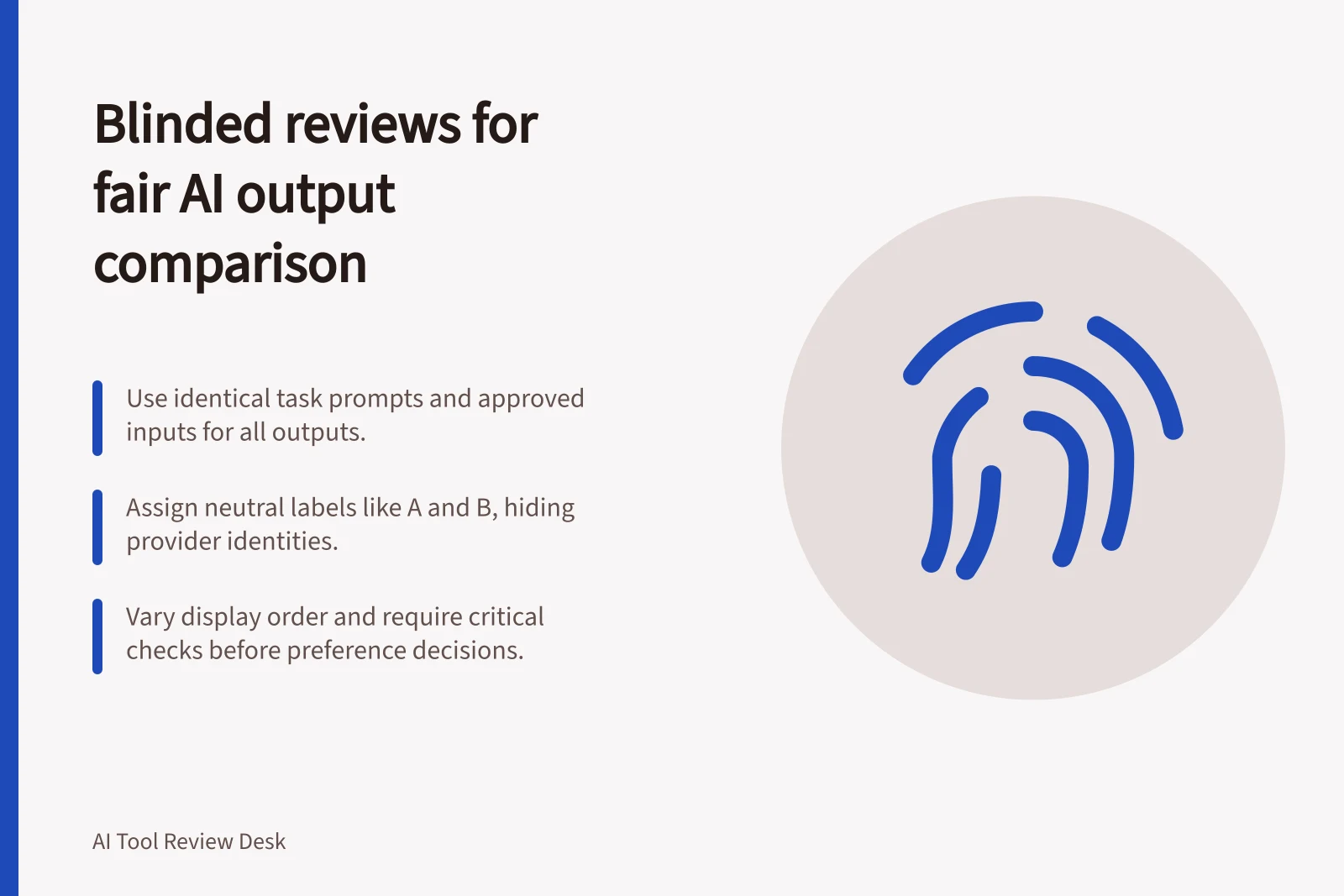 Blinded reviews for fair AI output comparison: Use identical task prompts and approved inputs for all outputs.; Assign neutral labels like A and B, hiding provider identities.; Vary display order and require critical checks before preference decisions.