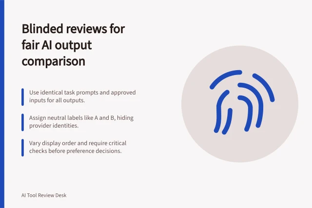 Blinded reviews for fair AI output comparison: Use identical task prompts and approved inputs for all outputs.; Assign neutral labels like A and B, hiding provider identities.; Vary display order and require critical checks before preference decisions. Comparing outputs with a blinded review