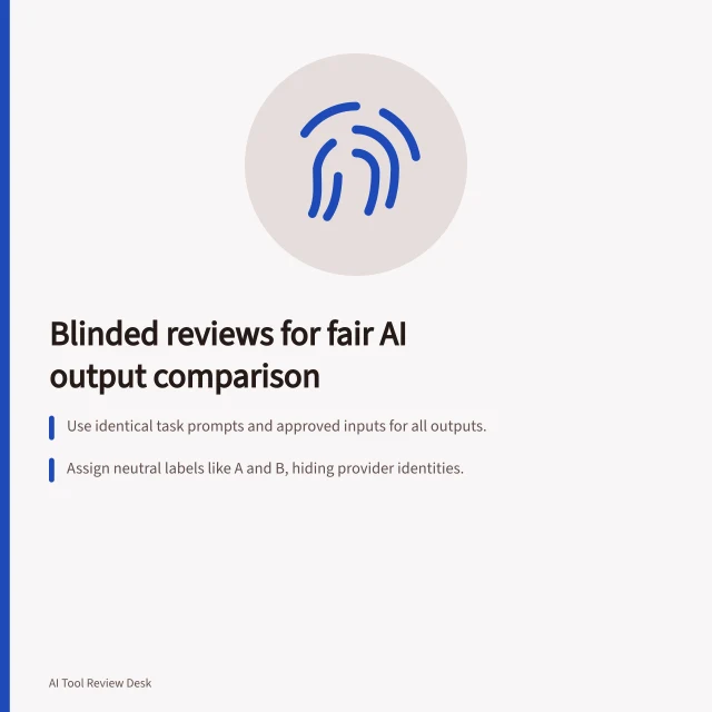 Blinded reviews for fair AI output comparison: Use identical task prompts and approved inputs for all outputs.; Assign neutral labels like A and B, hiding provider identities.; Vary display order and require critical checks before preference decisions. Comparing outputs with a blinded review