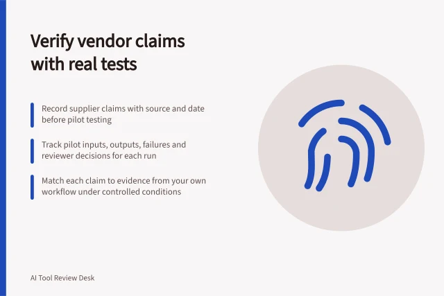 Verify vendor claims with real tests: Record supplier claims with source and date before pilot testing; Track pilot inputs, outputs, failures and reviewer decisions for each run; Match each claim to evidence from your own workflow under controlled conditions. Comparing vendor claims with observed results