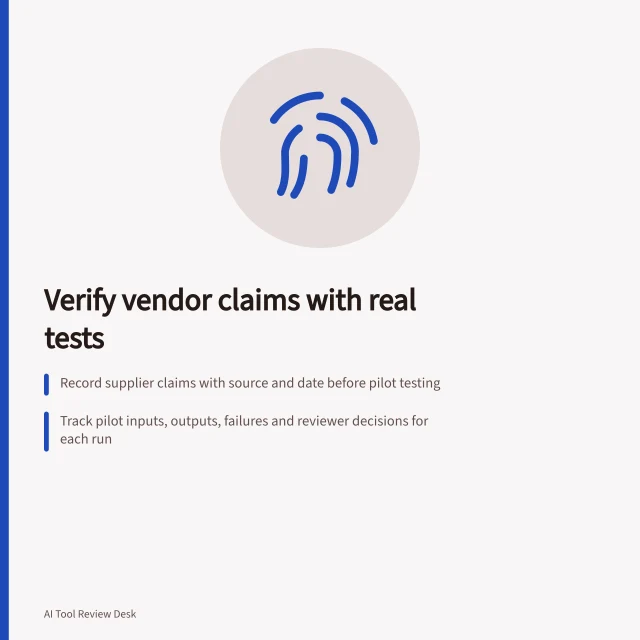Verify vendor claims with real tests: Record supplier claims with source and date before pilot testing; Track pilot inputs, outputs, failures and reviewer decisions for each run; Match each claim to evidence from your own workflow under controlled conditions. Comparing vendor claims with observed results