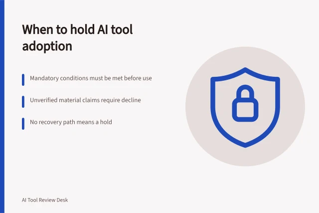 When to hold AI tool adoption: Mandatory conditions must be met before use; Unverified material claims require decline; No recovery path means a hold. Deciding when a tool is not ready for business adoption