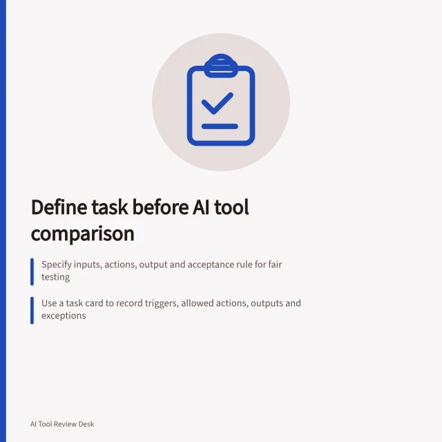 Define task before AI tool comparison: Specify inputs, actions, output and acceptance rule for fair testing; Use a task card to record triggers, allowed actions, outputs and exceptions; Ensure reviewers can objectively judge results without relying on style preferences. Defining a repeatable task before comparing AI tools
