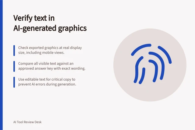 Verify text in AI-generated graphics: Check exported graphics at real display size, including mobile views.; Compare all visible text against an approved answer key with exact wording.; Use editable text for critical copy to prevent AI errors during generation. Evaluating text accuracy inside generated graphics