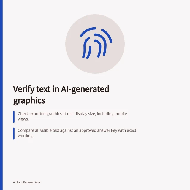 Verify text in AI-generated graphics: Check exported graphics at real display size, including mobile views.; Compare all visible text against an approved answer key with exact wording.; Use editable text for critical copy to prevent AI errors during generation. Evaluating text accuracy inside generated graphics