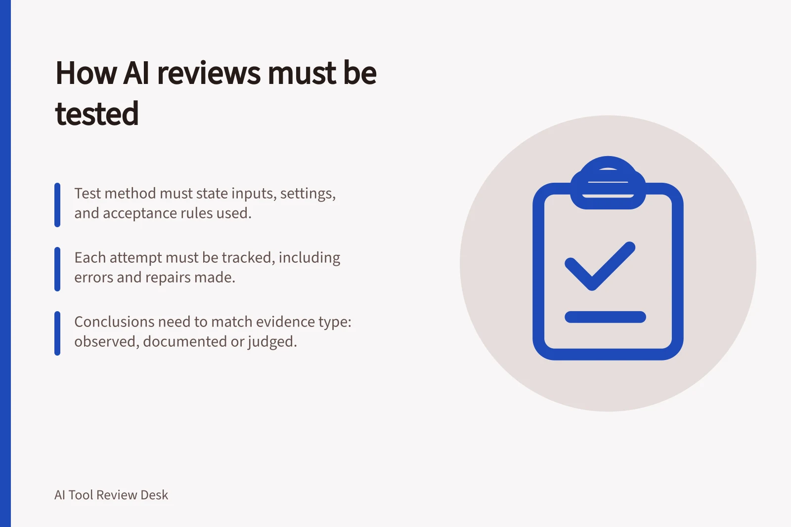 How AI reviews must be tested: Test method must state inputs, settings, and acceptance rules used.; Each attempt must be tracked, including errors and repairs made.; Conclusions need to match evidence type: observed, documented or judged.