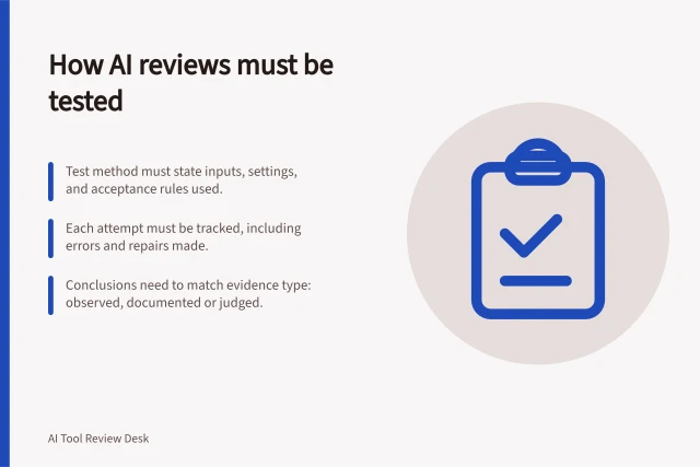 How AI reviews must be tested: Test method must state inputs, settings, and acceptance rules used.; Each attempt must be tracked, including errors and repairs made.; Conclusions need to match evidence type: observed, documented or judged. Explaining exactly what was tested in an AI review