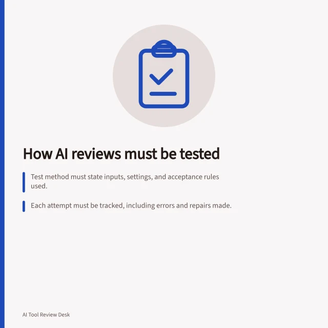 How AI reviews must be tested: Test method must state inputs, settings, and acceptance rules used.; Each attempt must be tracked, including errors and repairs made.; Conclusions need to match evidence type: observed, documented or judged. Explaining exactly what was tested in an AI review