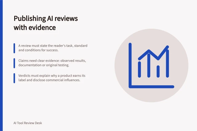 Publishing AI reviews with evidence: A review must state the reader's task, standard and conditions for success.; Claims need clear evidence: observed results, documentation or original testing.; Verdicts must explain why a product earns its label and disclose commercial influences. Publishing evidence-based AI reviews