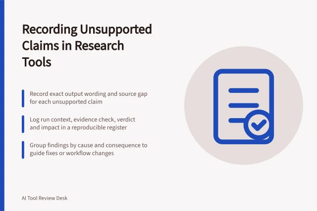Recording Unsupported Claims in Research Tools: Record exact output wording and source gap for each unsupported claim; Log run context, evidence check, verdict and impact in a reproducible register; Group findings by cause and consequence to guide fixes or workflow changes. Recording unsupported claims in a research tool evaluation