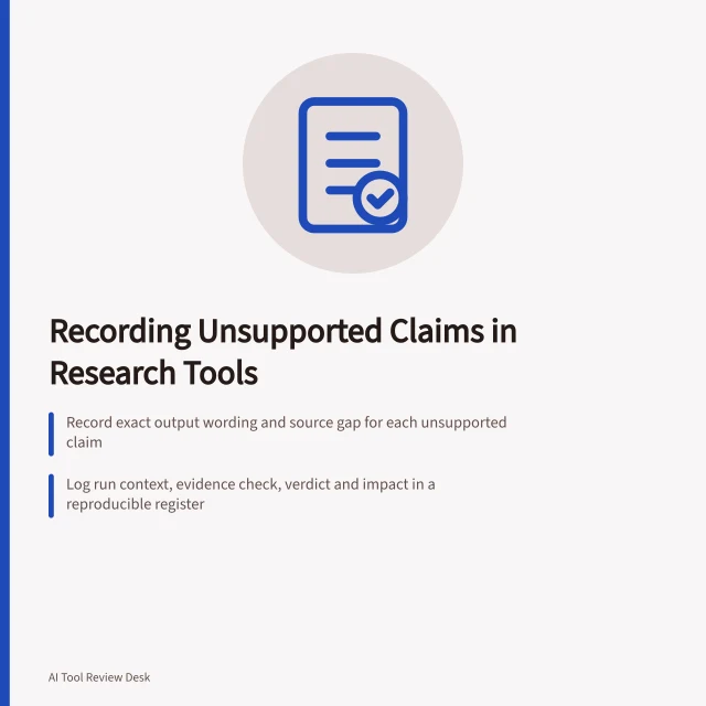 Recording Unsupported Claims in Research Tools: Record exact output wording and source gap for each unsupported claim; Log run context, evidence check, verdict and impact in a reproducible register; Group findings by cause and consequence to guide fixes or workflow changes. Recording unsupported claims in a research tool evaluation