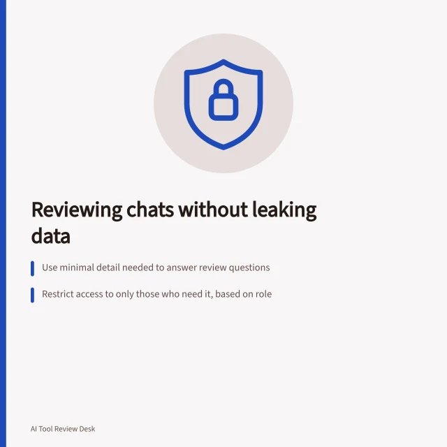 Reviewing chats without leaking data: Use minimal detail needed to answer review questions; Restrict access to only those who need it, based on role; Redact indirect identifiers like rare events or order references. Reviewing conversation logs without exposing customer data