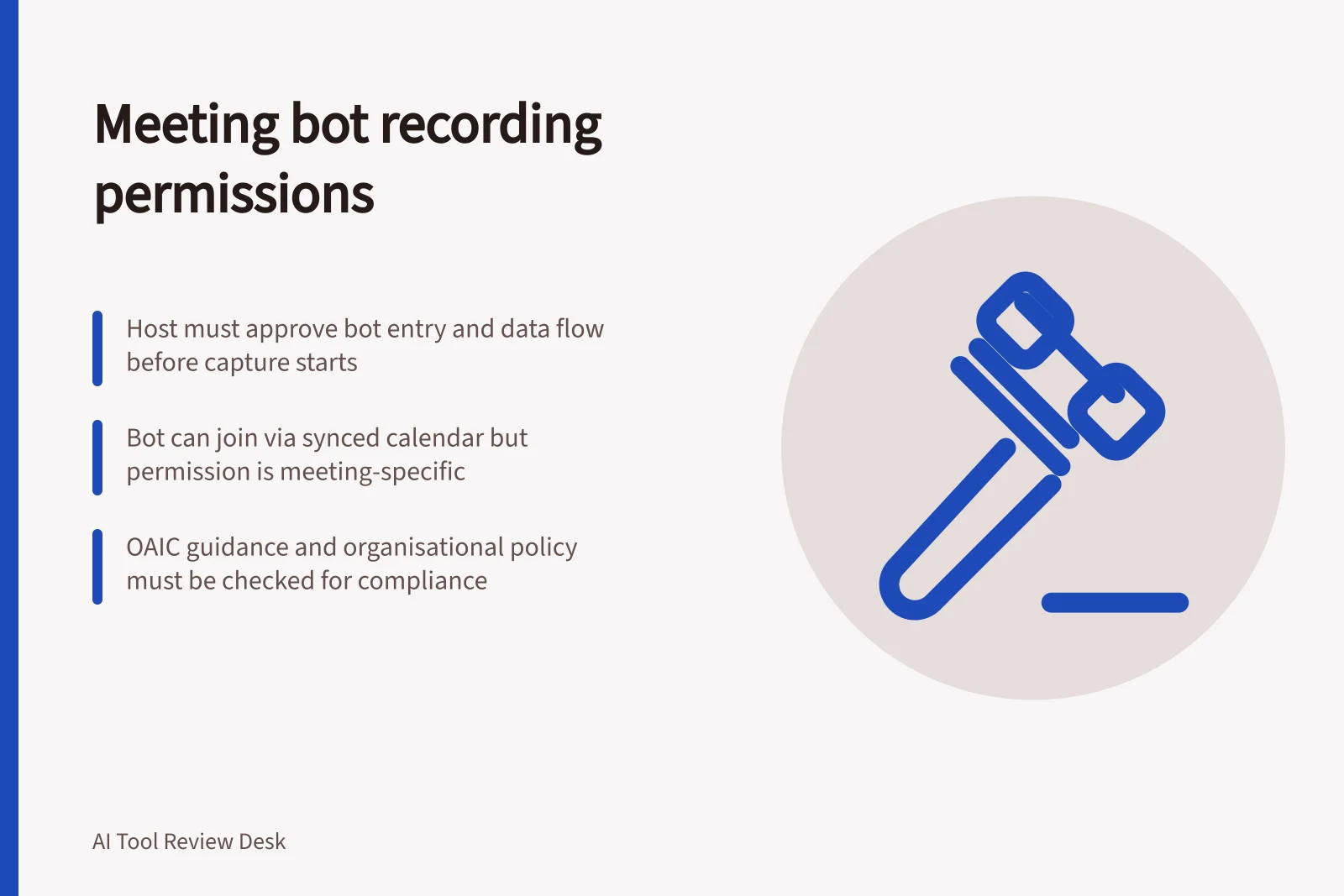 Meeting bot recording permissions: Host must approve bot entry and data flow before capture starts; Bot can join via synced calendar but permission is meeting-specific; OAIC guidance and organisational policy must be checked for compliance