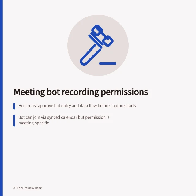 Meeting bot recording permissions: Host must approve bot entry and data flow before capture starts; Bot can join via synced calendar but permission is meeting-specific; OAIC guidance and organisational policy must be checked for compliance. Reviewing recording permissions before using a meeting bot