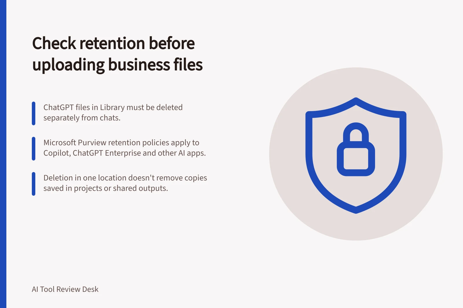 Check retention before uploading business files: ChatGPT files in Library must be deleted separately from chats.; Microsoft Purview retention policies apply to Copilot, ChatGPT Enterprise and other AI apps.; Deletion in one location doesn't remove copies saved in projects or shared outputs.