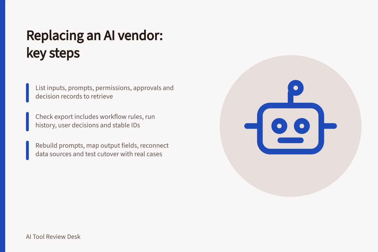 Replacing an AI vendor: key steps: List inputs, prompts, permissions, approvals and decision records to retrieve; Check export includes workflow rules, run history, user decisions and stable IDs; Rebuild prompts, map output fields, reconnect data sources and test cutover with real cases