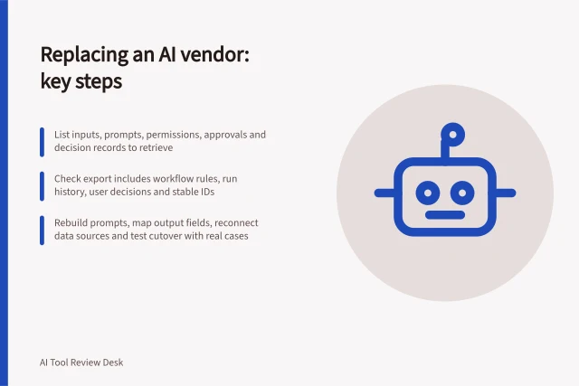 Replacing an AI vendor: key steps: List inputs, prompts, permissions, approvals and decision records to retrieve; Check export includes workflow rules, run history, user decisions and stable IDs; Rebuild prompts, map output fields, reconnect data sources and test cutover with real cases. Reviewing the effort needed to replace an AI vendor