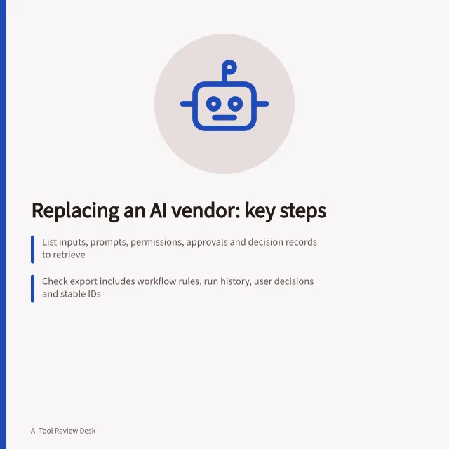 Replacing an AI vendor: key steps: List inputs, prompts, permissions, approvals and decision records to retrieve; Check export includes workflow rules, run history, user decisions and stable IDs; Rebuild prompts, map output fields, reconnect data sources and test cutover with real cases. Reviewing the effort needed to replace an AI vendor