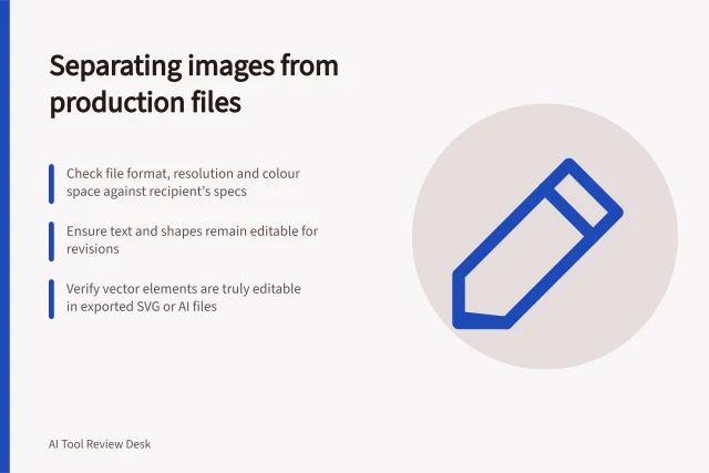 Separating images from production files: Check file format, resolution and colour space against recipient’s specs; Ensure text and shapes remain editable for revisions; Verify vector elements are truly editable in exported SVG or AI files. Separating attractive images from usable production files