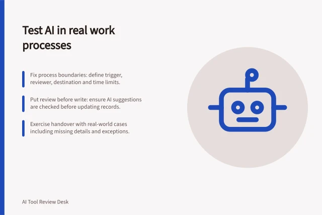Test AI in real work processes: Fix process boundaries: define trigger, reviewer, destination and time limits.; Put review before write: ensure AI suggestions are checked before updating records.; Exercise handover with real-world cases including missing details and exceptions. Testing an AI step inside an existing work process