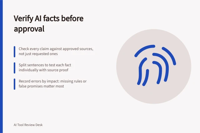 Verify AI facts before approval: Check every claim against approved sources, not just requested ones; Split sentences to test each fact individually with source proof; Record errors by impact: missing rules or false promises matter most. Testing factual accuracy in AI writing outputs