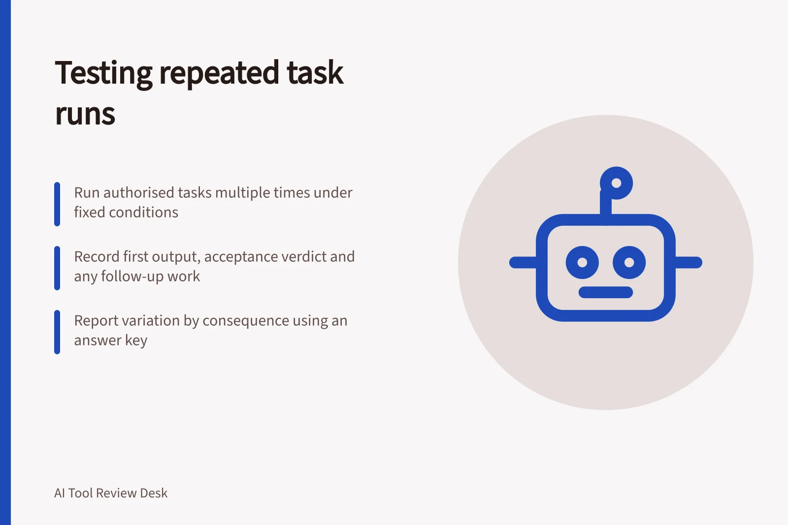 Testing repeated task runs: Run authorised tasks multiple times under fixed conditions; Record first output, acceptance verdict and any follow-up work; Report variation by consequence using an answer key