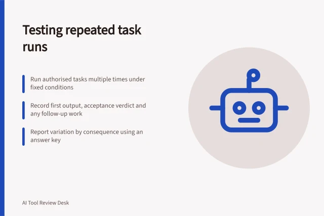 Testing repeated task runs: Run authorised tasks multiple times under fixed conditions; Record first output, acceptance verdict and any follow-up work; Report variation by consequence using an answer key. Testing repeated runs on the same task
