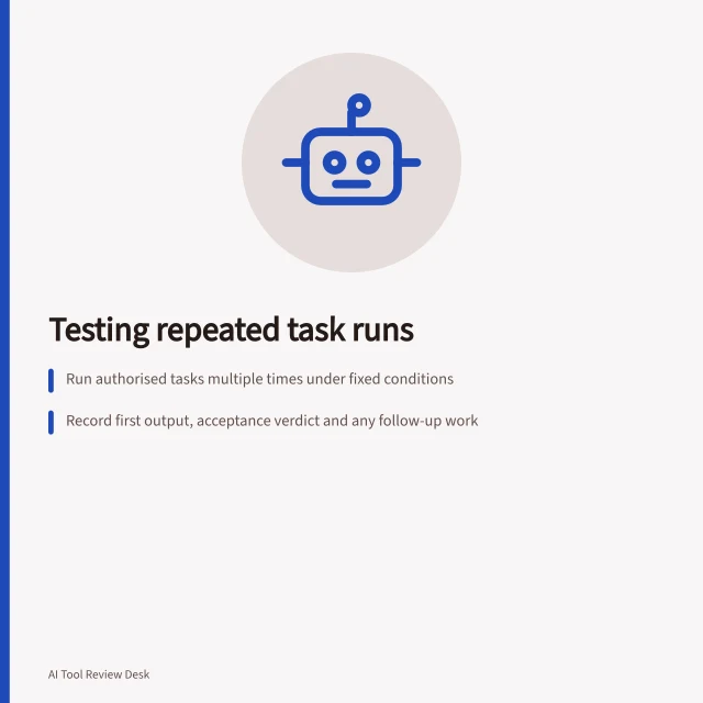 Testing repeated task runs: Run authorised tasks multiple times under fixed conditions; Record first output, acceptance verdict and any follow-up work; Report variation by consequence using an answer key. Testing repeated runs on the same task
