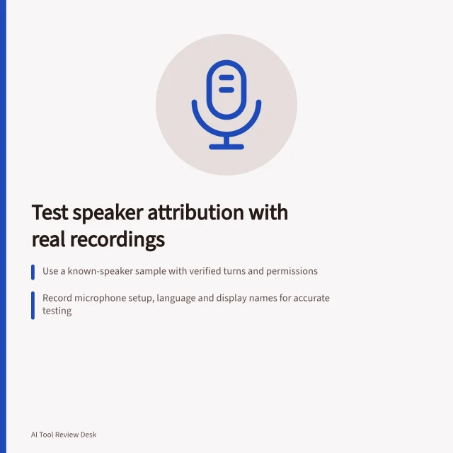Test speaker attribution with real recordings: Use a known-speaker sample with verified turns and permissions; Record microphone setup, language and display names for accurate testing; Check for split, merged or wrong attributions—especially for decisions or tasks. Testing speaker attribution with a sample recording