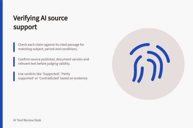 Verifying AI source support: Check each claim against its cited passage for matching subject, period and conditions.; Confirm source publisher, document version and relevant text before judging validity.; Use verdicts like 'Supported', 'Partly supported' or 'Contradicted' based on evidence. Testing whether cited sources support an AI answer
